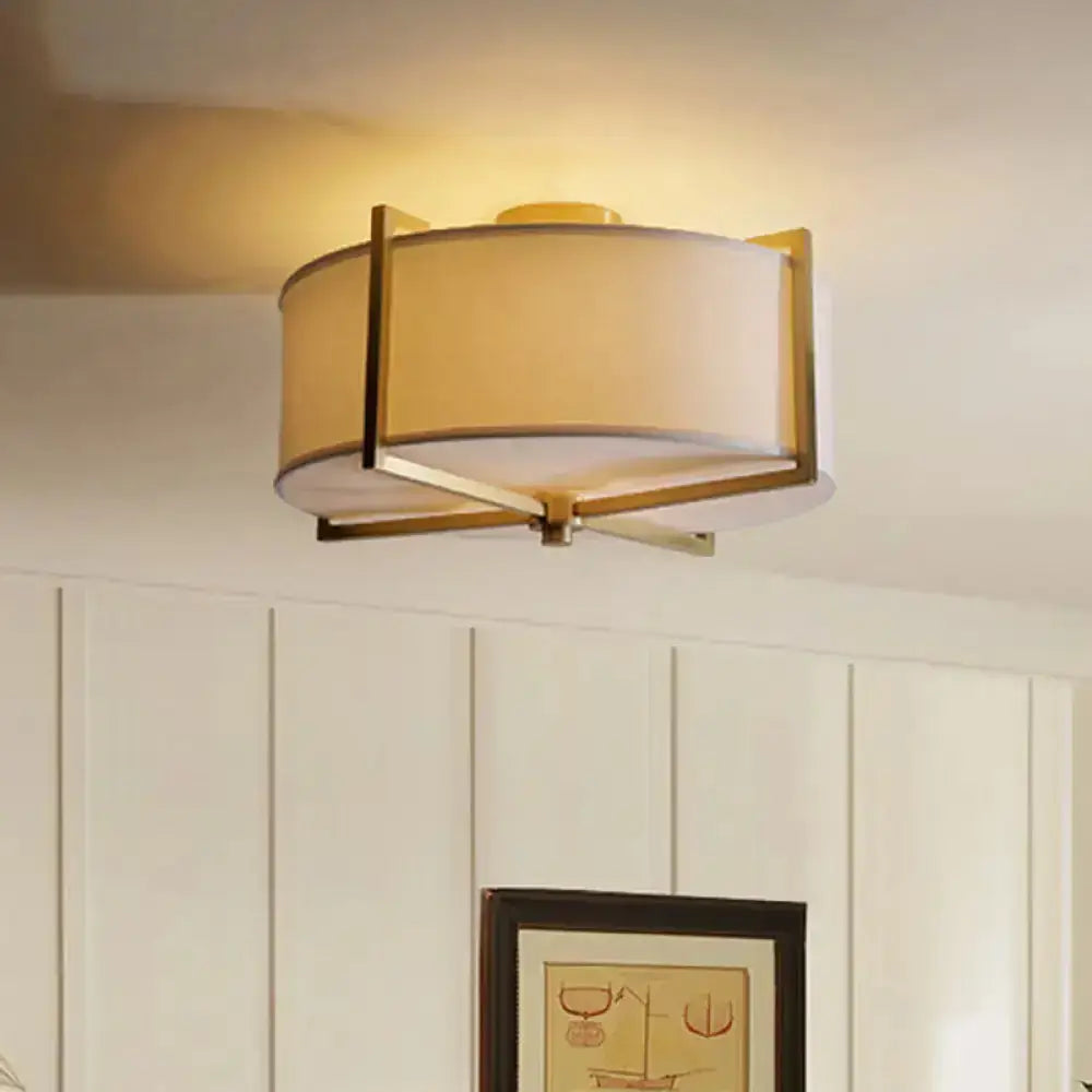 DecorBites™ DecorBites™ Rustic White Fabric Flush Mount Ceiling Light with X-Brace - 5-Lights, Round/Square Design, Brass Finish