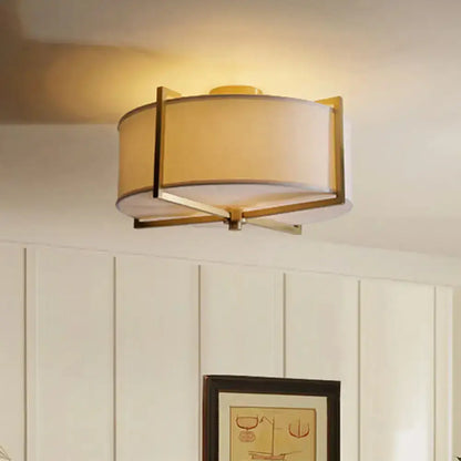 DecorBites™ DecorBites™ Rustic White Fabric Flush Mount Ceiling Light with X-Brace - 5-Lights, Round/Square Design, Brass Finish