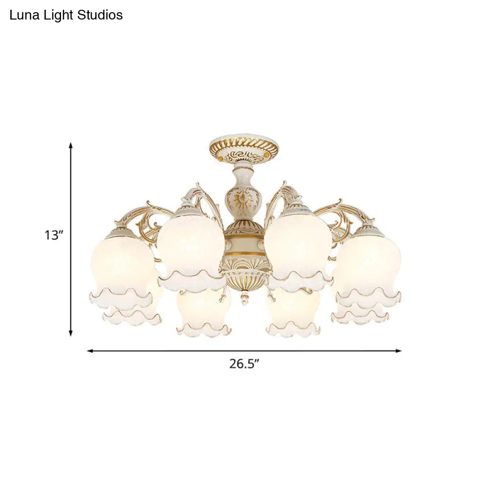 Rustic White Glass Semi Flush Mount Light Fixture with Beige Finish - Flower Living Room, 3/5/6 Bulbs