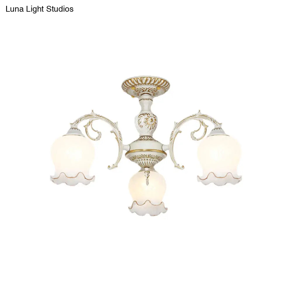 Rustic White Glass Semi Flush Mount Light Fixture with Beige Finish - Flower Living Room, 3/5/6 Bulbs