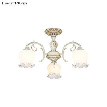 Rustic White Glass Semi Flush Mount Light Fixture with Beige Finish - Flower Living Room, 3/5/6 Bulbs