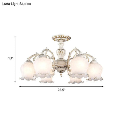 Rustic White Glass Semi Flush Mount Light Fixture with Beige Finish - Flower Living Room, 3/5/6 Bulbs