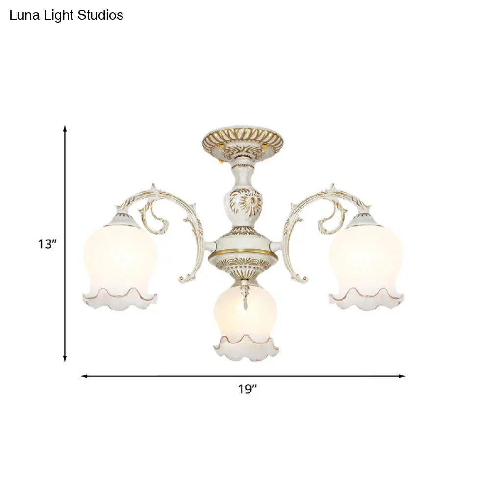 Rustic White Glass Semi Flush Mount Light Fixture with Beige Finish - Flower Living Room, 3/5/6 Bulbs