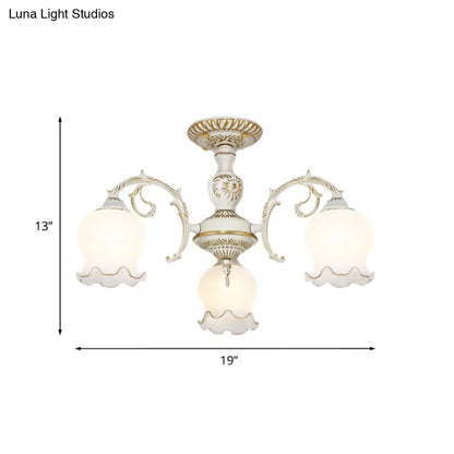 Rustic White Glass Semi Flush Mount Light Fixture with Beige Finish - Flower Living Room, 3/5/6 Bulbs