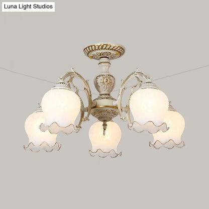 Rustic White Glass Semi Flush Mount Light Fixture with Beige Finish - Flower Living Room, 3/5/6 Bulbs