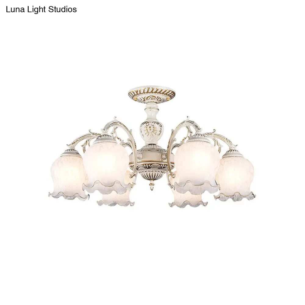 Rustic White Glass Semi Flush Mount Light Fixture with Beige Finish - Flower Living Room, 3/5/6 Bulbs