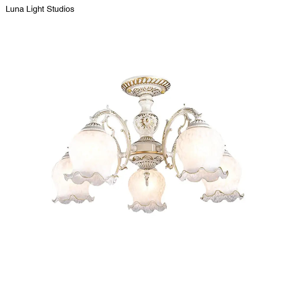 Rustic White Glass Semi Flush Mount Light Fixture with Beige Finish - Flower Living Room, 3/5/6 Bulbs