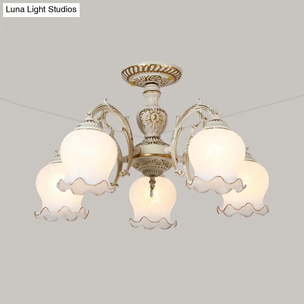 Rustic White Glass Semi Flush Mount Light Fixture with Beige Finish - Flower Living Room, 3/5/6 Bulbs