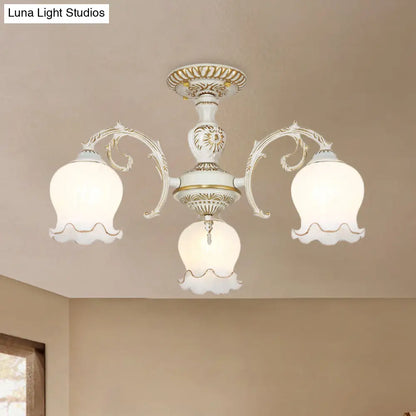 Rustic White Glass Semi Flush Mount Light Fixture with Beige Finish - Flower Living Room, 3/5/6 Bulbs