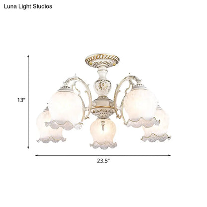 Rustic White Glass Semi Flush Mount Light Fixture with Beige Finish - Flower Living Room, 3/5/6 Bulbs