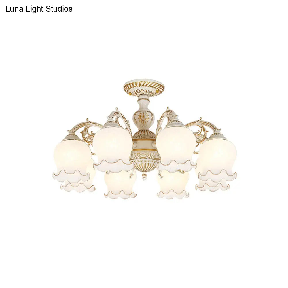 Rustic White Glass Semi Flush Mount Light Fixture with Beige Finish - Flower Living Room, 3/5/6 Bulbs