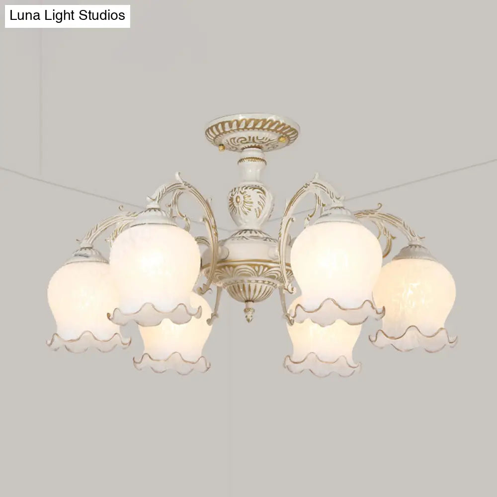 Rustic White Glass Semi Flush Mount Light Fixture with Beige Finish - Flower Living Room, 3/5/6 Bulbs