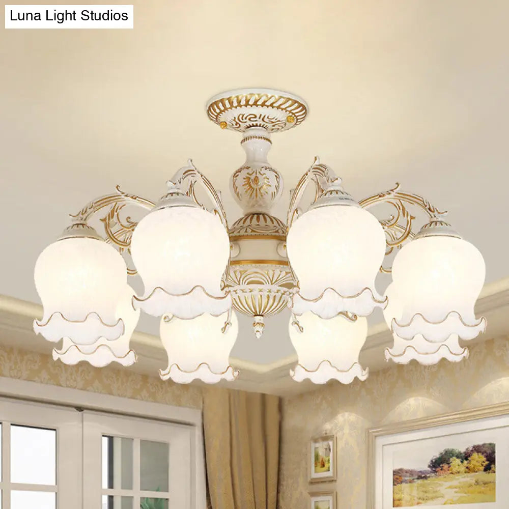 Rustic White Glass Semi Flush Mount Light Fixture with Beige Finish - Flower Living Room, 3/5/6 Bulbs