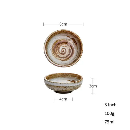Handcrafted rustic white speckled ceramic seasoning sauce dish with swirling brown and white decorbites ceramic seasoning glaze patterns
