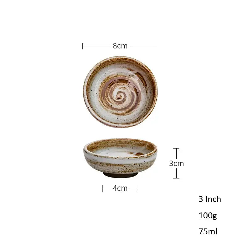 Handcrafted rustic white speckled ceramic seasoning sauce dish with swirling brown and white decorbites ceramic seasoning glaze patterns
