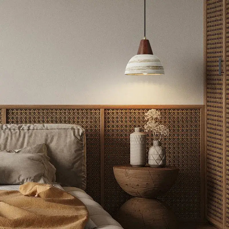 Rustic white and wood ceramic wood led pendant light with conical wooden top and striped ceramic shade for kitchen decorbites
