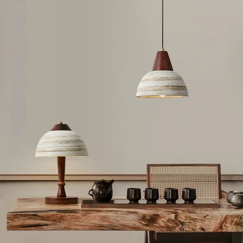 Minimalist pendant light with white textured ceramic shade and dark wood cone base for kitchen decorbites ceramic wood led
