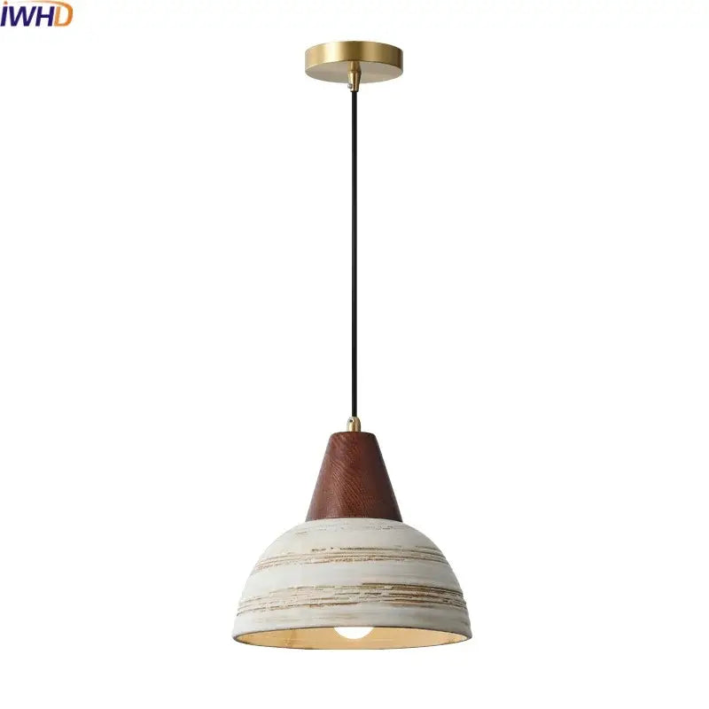 Rustic white and wood ceramic pendant light with warm brass mount and black cord ideal for kitchen decorbites ceramic wood led