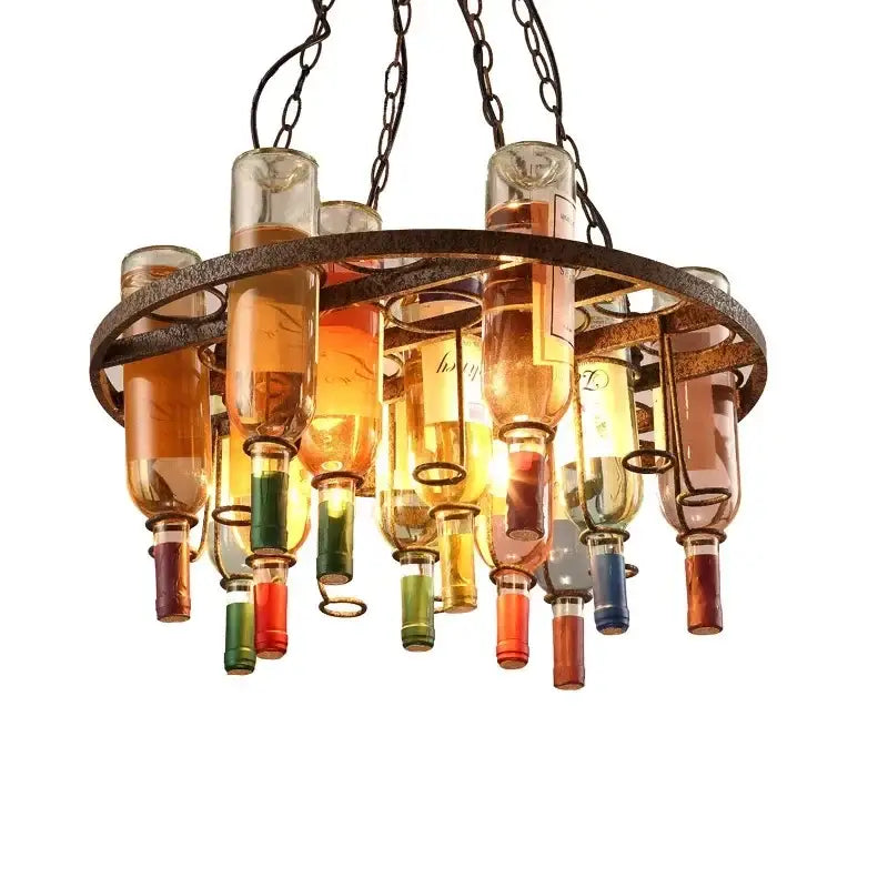 Rustic wine bottle iron led pendant chandelier with colorful repurposed bottles and dark metal chains for kitchen bar decorbites iron led