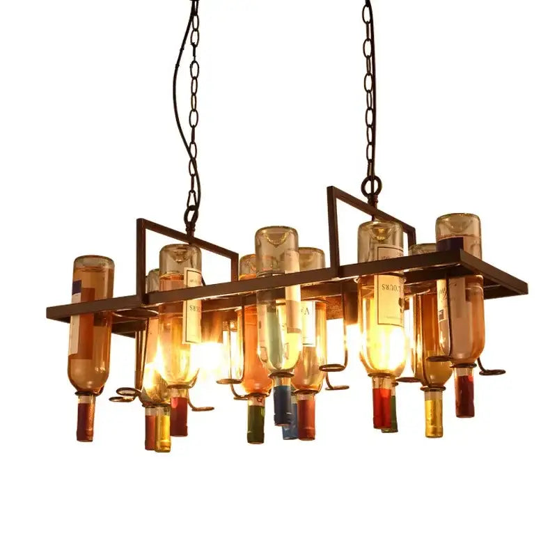 Rustic wine bottle iron led pendant chandelier with dark metal frame and amber clear glass for kitchen bar decorbites iron led