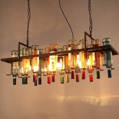 Rustic wine bottle iron led pendant chandelier with colorful repurposed bottles and dark metal chains for kitchen bar decorbites iron led