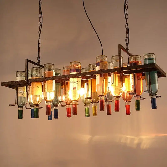 Rustic wine bottle iron led pendant chandelier with colorful repurposed bottles and dark metal chains for kitchen bar decorbites iron led