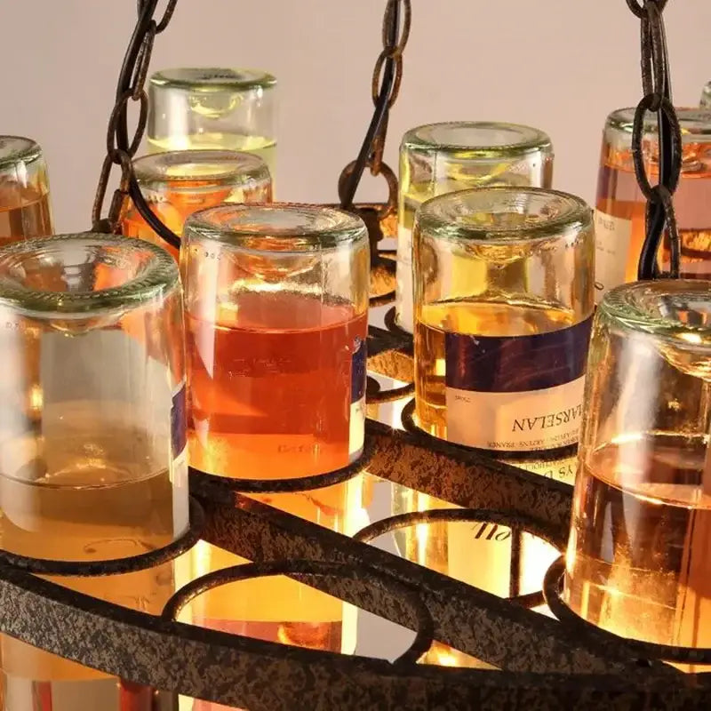 Rustic wine bottle iron led pendant chandelier with clear glass holders and colored liquids for kitchen bar decorbites iron led