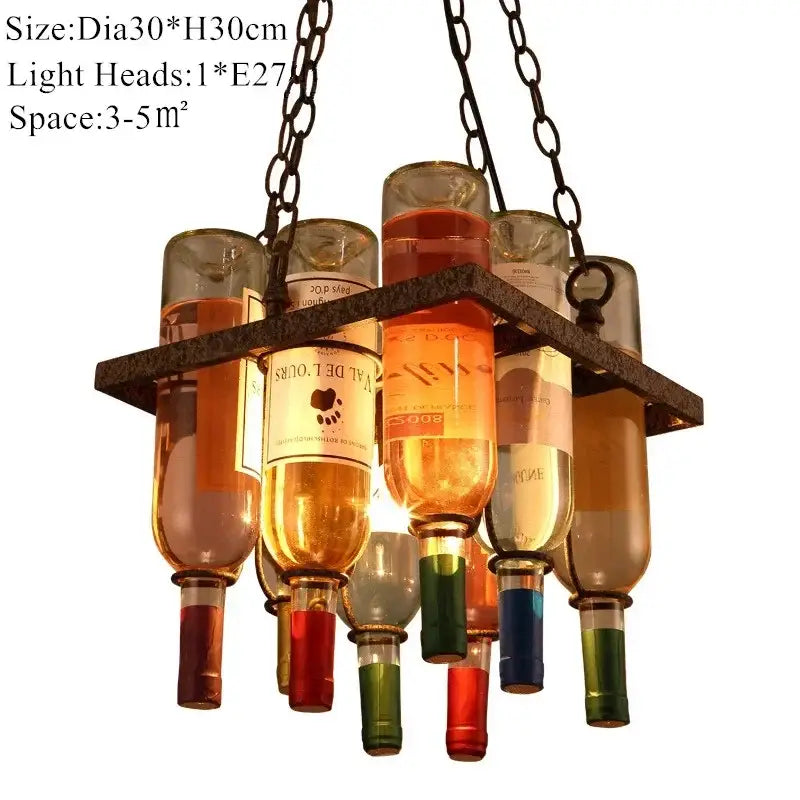 Rustic pendant chandelier made of repurposed wine bottles with colorful liquid and iron led pendant from decorbites