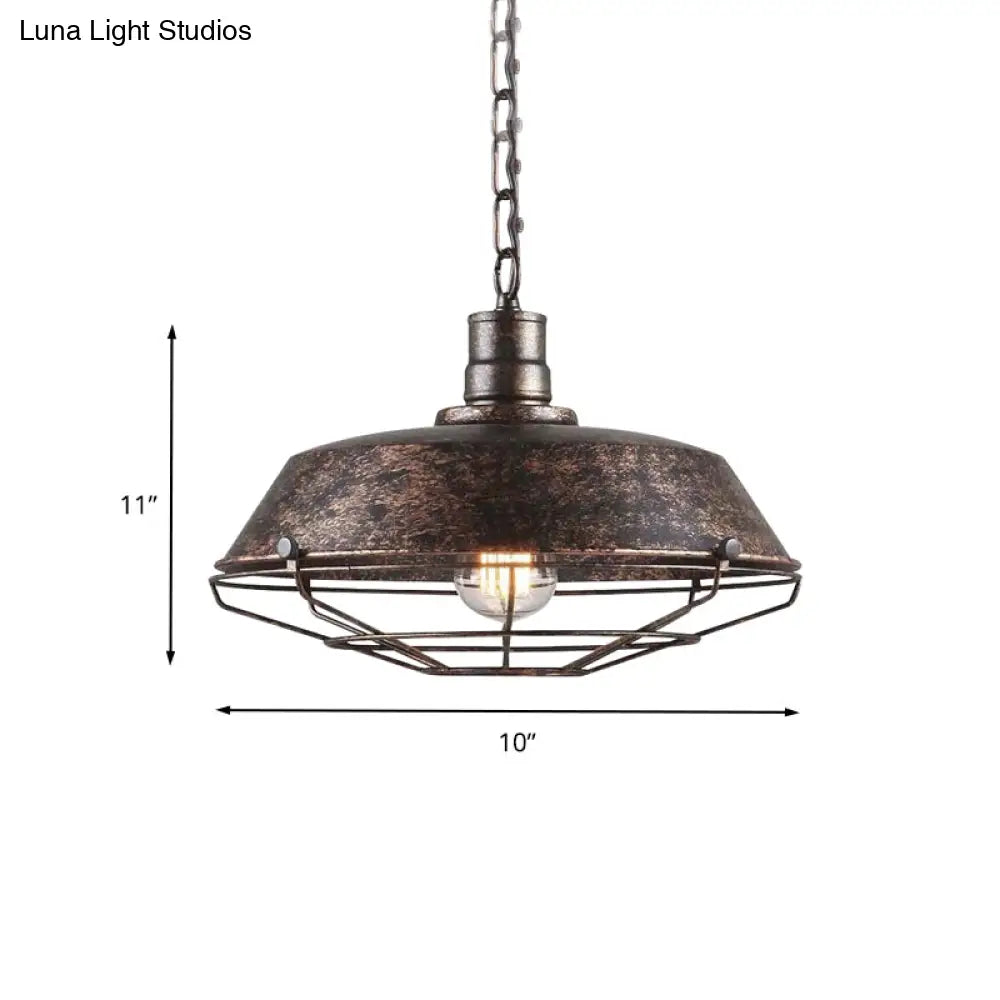 Rustic Wire Cage Pendant Light with Barn Shade in Antique Brass/Rustic Finish, 1 Light, 10"/14"/18" Width