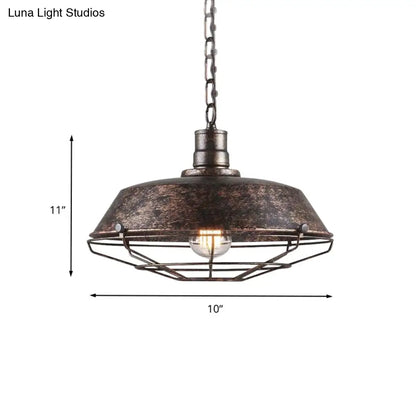 Rustic Wire Cage Pendant Light with Barn Shade in Antique Brass/Rustic Finish, 1 Light, 10"/14"/18" Width