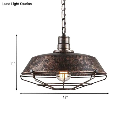 Rustic Wire Cage Pendant Light with Barn Shade in Antique Brass/Rustic Finish, 1 Light, 10"/14"/18" Width