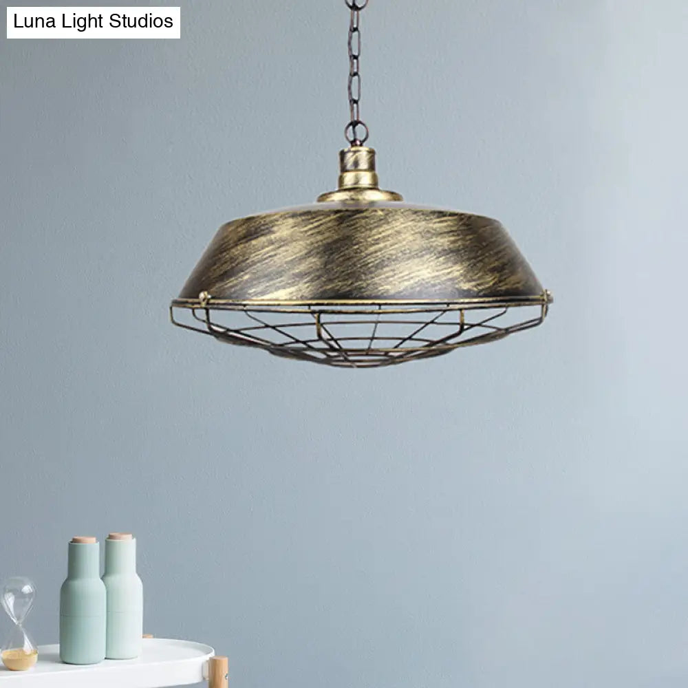 Rustic Wire Cage Pendant Light with Barn Shade in Antique Brass/Rustic Finish, 1 Light, 10"/14"/18" Width