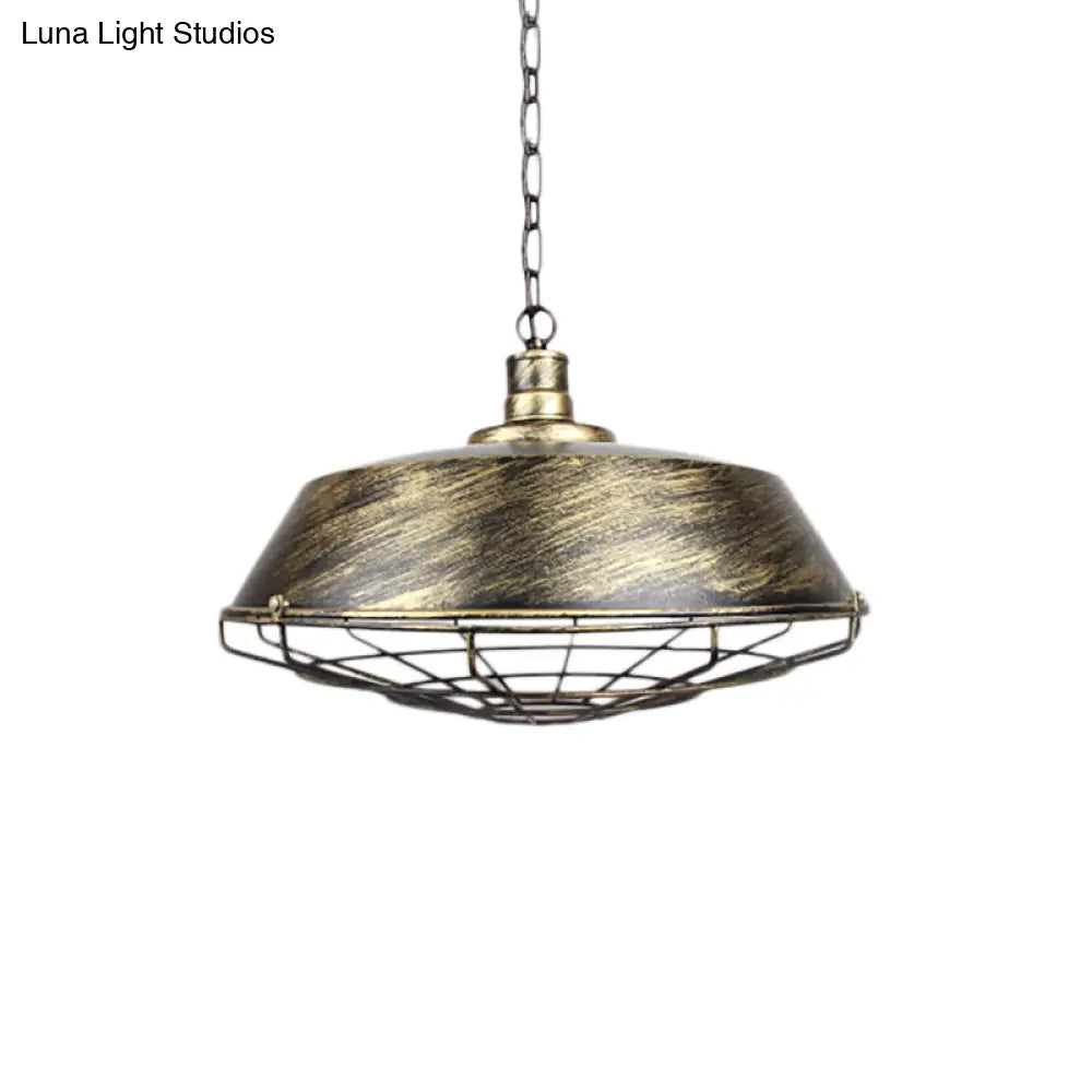 Rustic Wire Cage Pendant Light with Barn Shade in Antique Brass/Rustic Finish, 1 Light, 10"/14"/18" Width