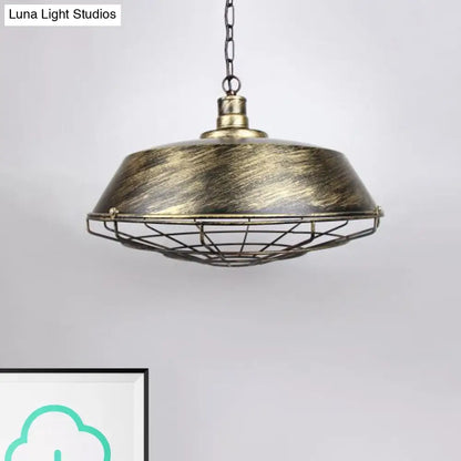 Rustic Wire Cage Pendant Light with Barn Shade in Antique Brass/Rustic Finish, 1 Light, 10"/14"/18" Width