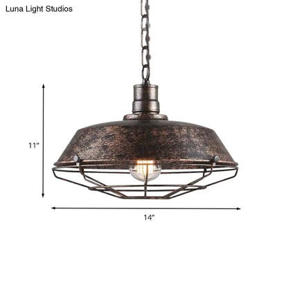 Rustic Wire Cage Pendant Light with Barn Shade in Antique Brass/Rustic Finish, 1 Light, 10"/14"/18" Width