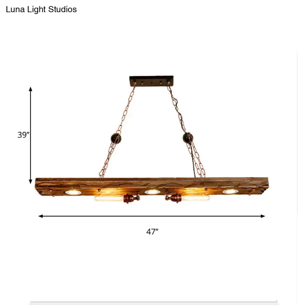 Rustic wooden linear hanging lamp with brass chains and vintage bulbs decorbites for restaurant island lighting