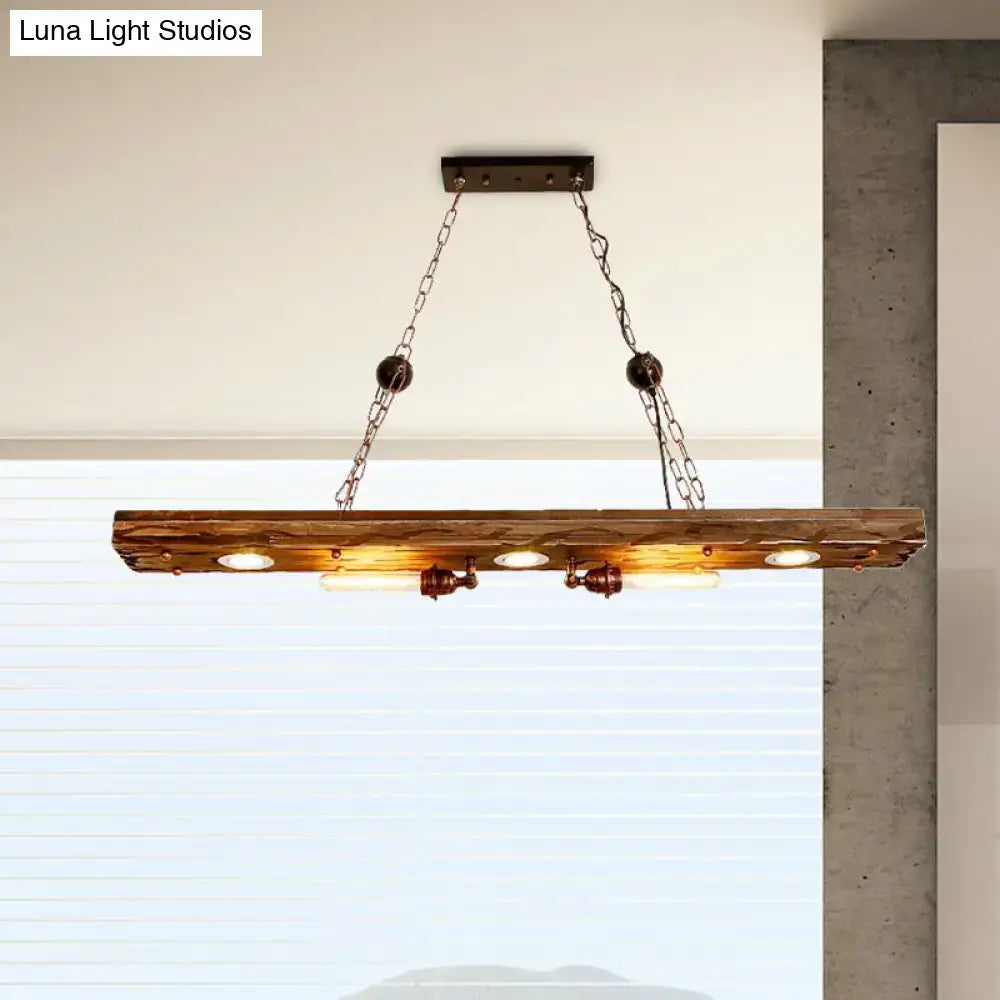 Rustic wooden 5-light linear hanging lamp with exposed edison bulbs and metal chains for restaurant island lighting