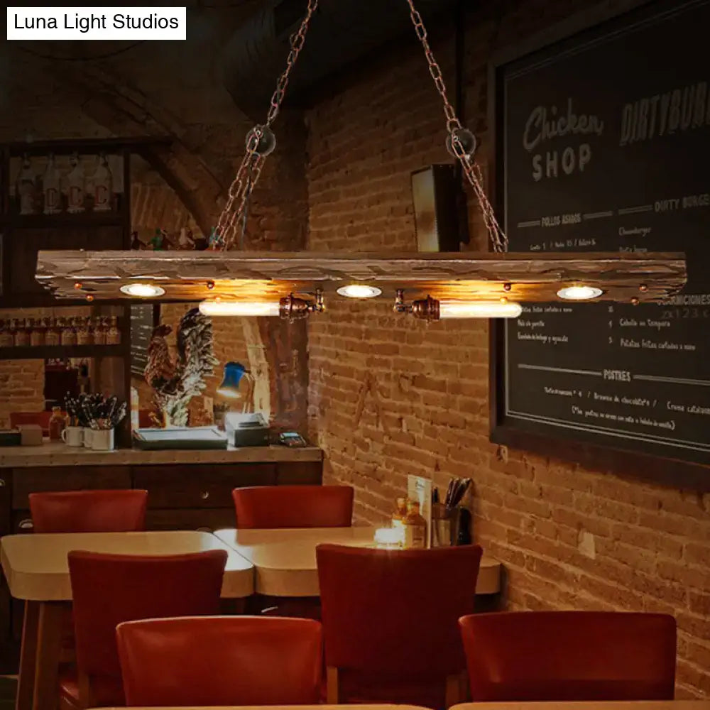 DecorBites rustic 5-light linear hanging lamp with wooden board and exposed Edison bulbs for restaurant use