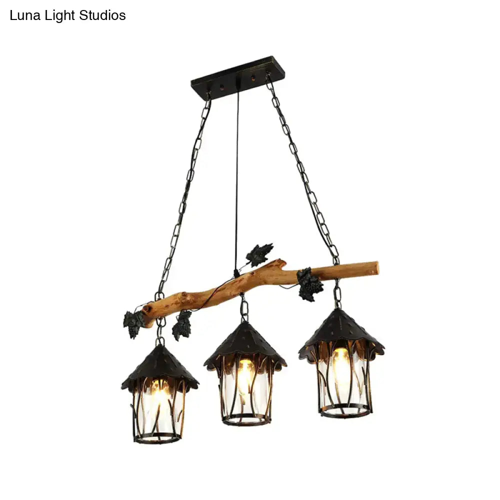 DecorBites industrial black metal and wood 3-bulb ceiling light fixture with clear glass lanterns for kitchen island use