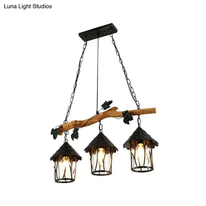 DecorBites industrial black metal and wood 3-bulb ceiling light fixture with clear glass lanterns for kitchen island use