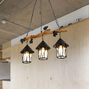 Rustic wooden branch chandelier with three black wrought iron lanterns e26 e27 light fixture for ceiling use