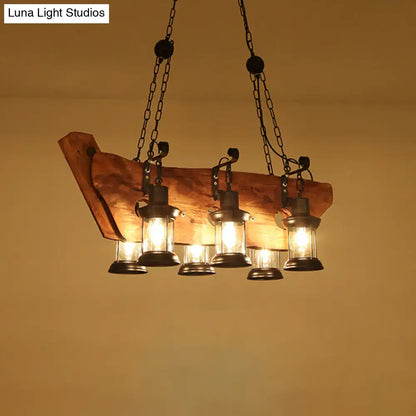 DecorBites™ farmhouse brown lantern pendant lamp with clear glass, wooden beams, and black metal chains in rustic design