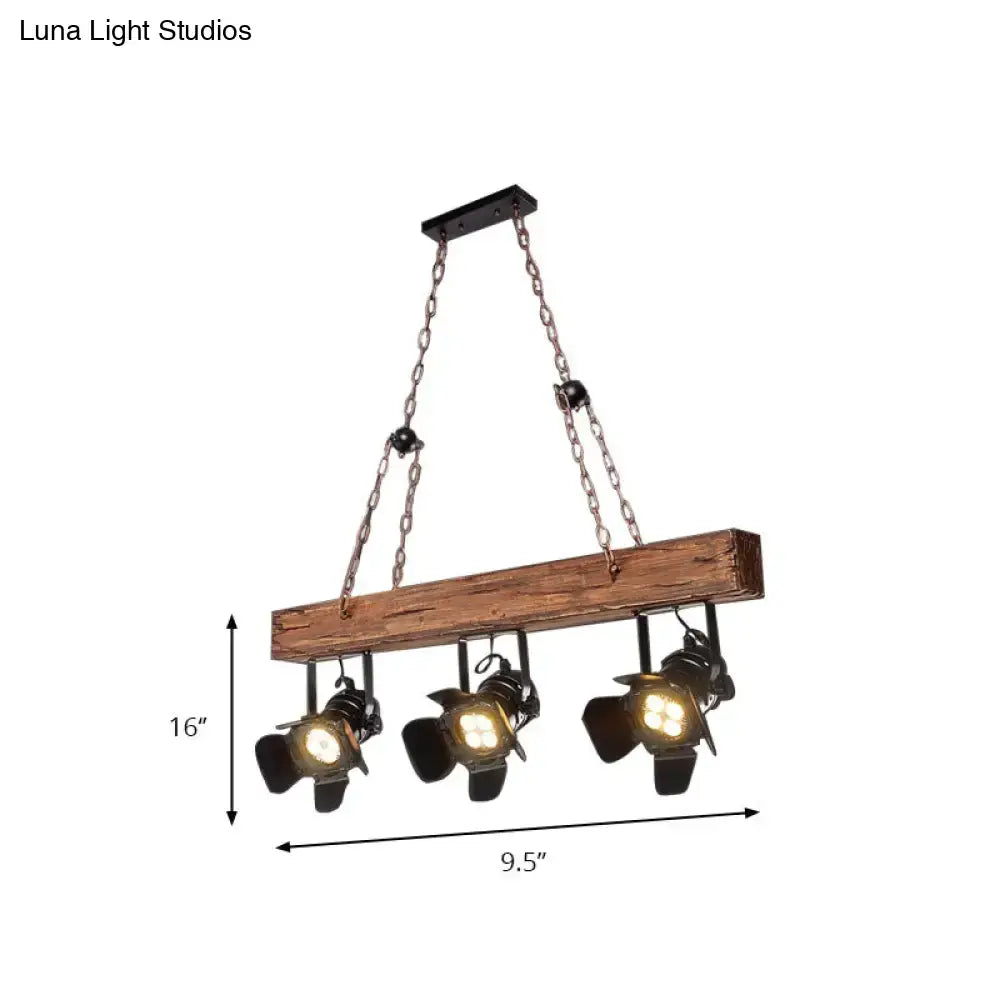 Rustic wood and black metal 3 light island pendant kitchen light with industrial style wooden beam and chain suspension