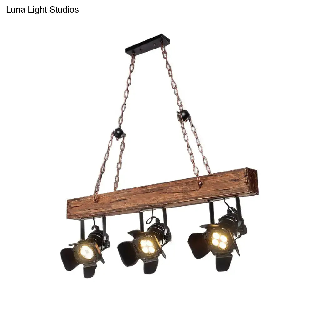 Rustic wood and black metal 3 light island pendant kitchen light with industrial style and three black spotlight fixtures