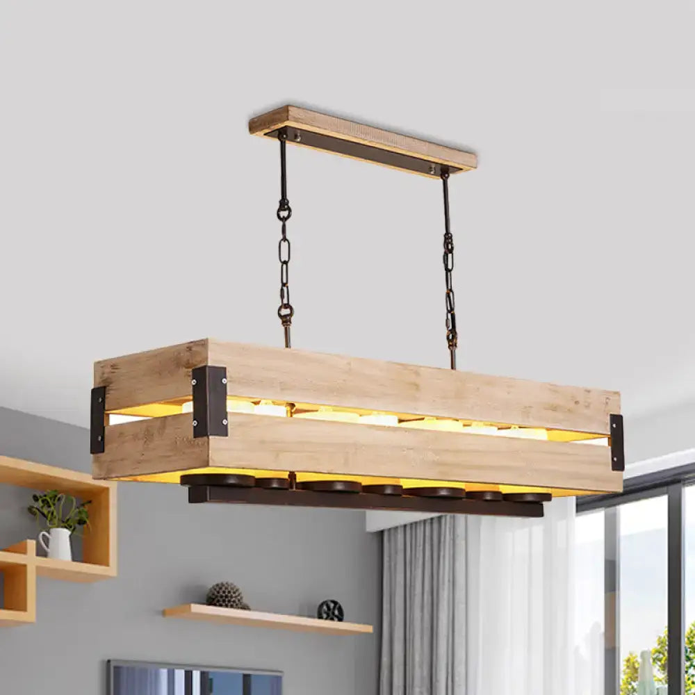 Rustic wooden rectangular island pendant with black metal accents and chain suspension for dining room hanging lamp
