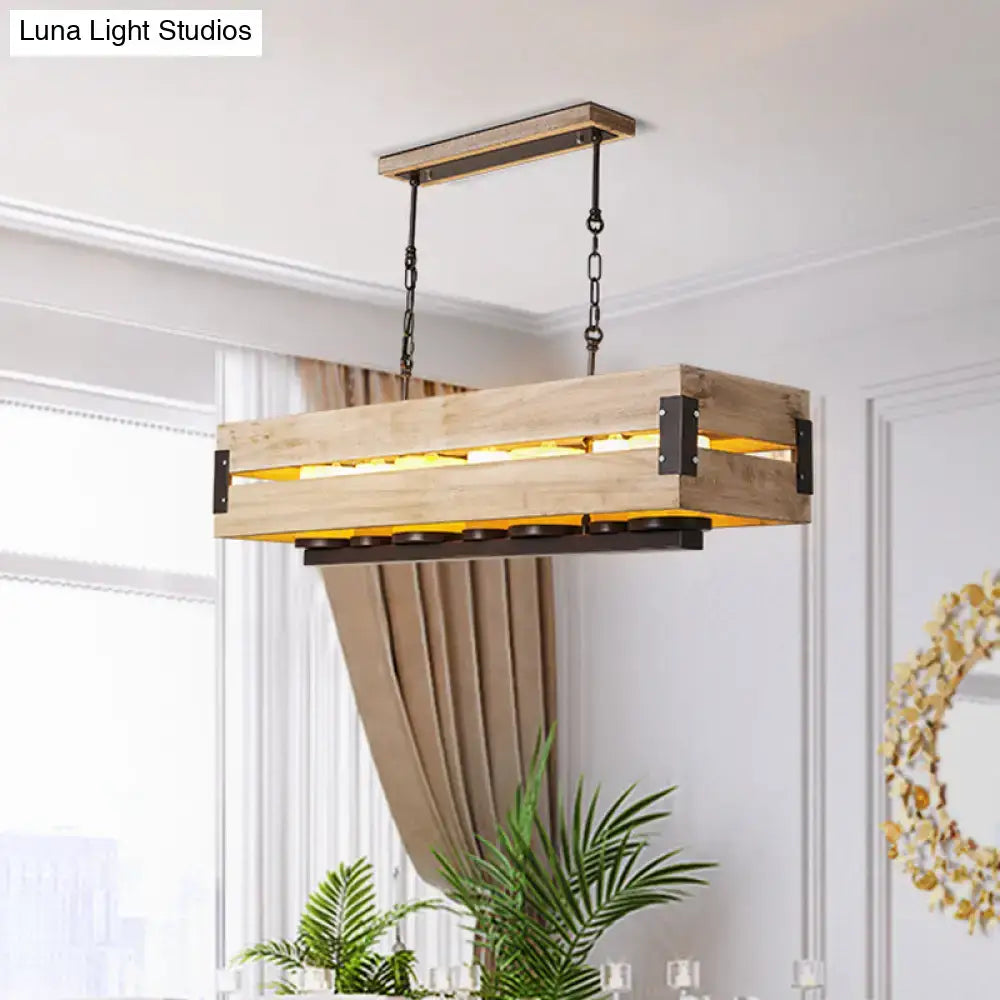 DecorBites™ rustic rectangular wood island pendant with black metal accents and chains in brown for dining room hanging