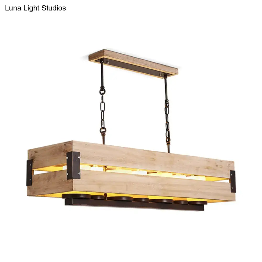 Rustic wooden crate-style island pendant with black metal accents and chains in brown for dining room hanging lamp