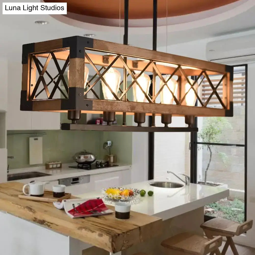 Industrial-style pendant light with rustic wooden frame shade metal accents and cross-braced design for rustic loft decor