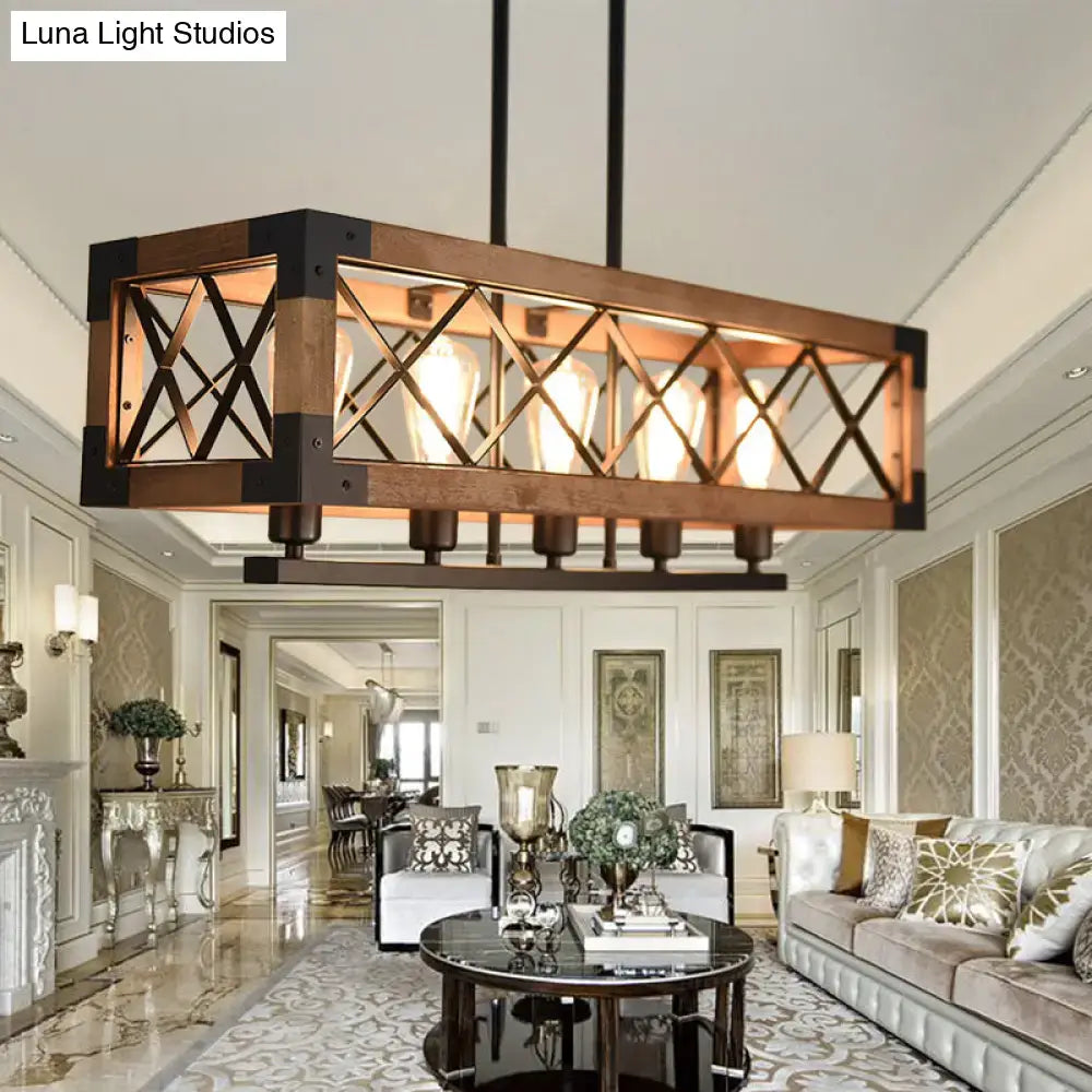 Decorbites rustic loft pendant light with five bulb rectangular wooden and black metal frame shade lattice design