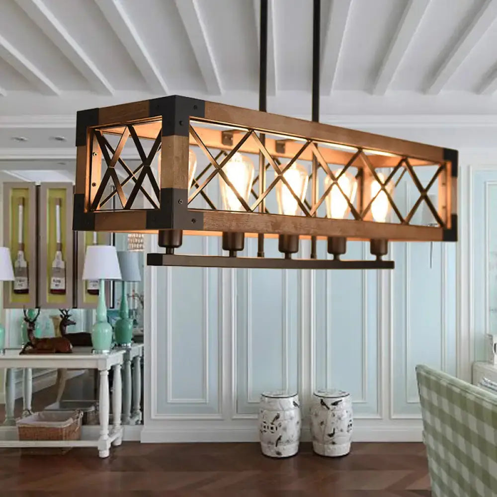 Decorbites™ rustic loft pendant light with black metal frame shade and wooden cross-braced rectangular design